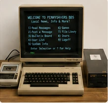Commodore 64 bulletin board system setup with color monitor, Model 1530 Datasette, and Model 1541 disk drive displaying a BBS menu