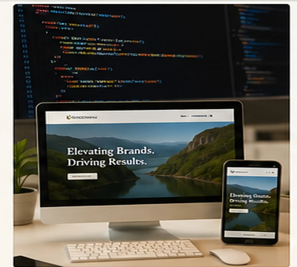 Website design collage showing code and a polished responsive website