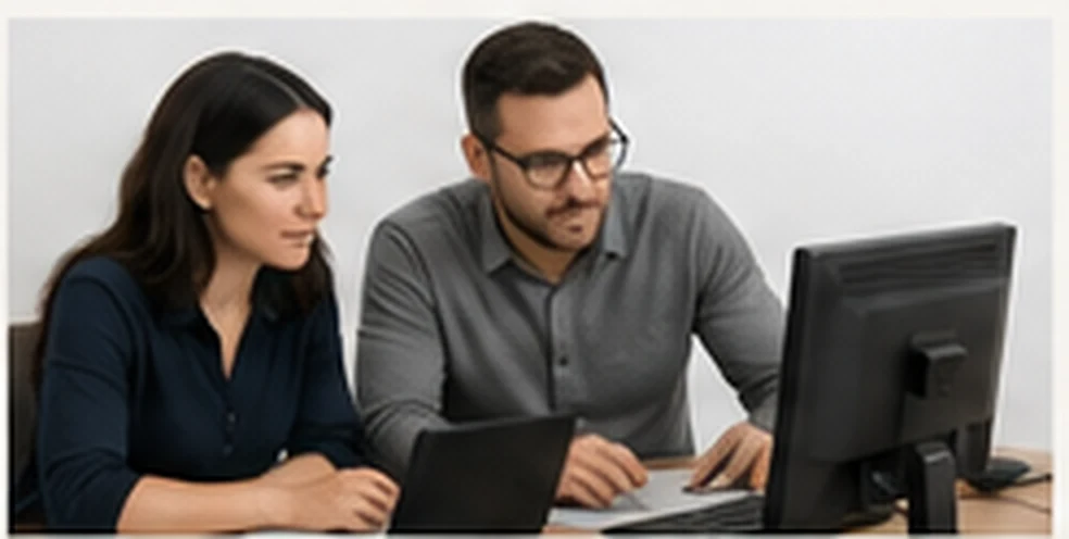 A man and woman collaborating together at a computer